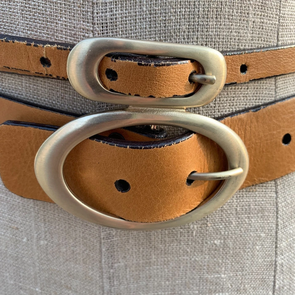Vintage Brave Leather Belt Women's 28 Tan Double Gold Buckle Boho Y2K 90s Preppy - Image 2 of 4