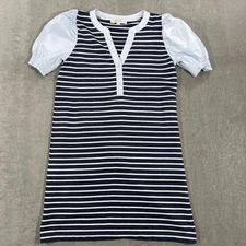 LOFT Women Small Navy White Stripe T Shirt Dress Puff Sleeves