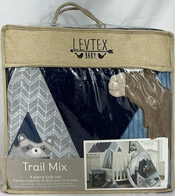 New Levtex Baby Trail Mix Blue 4 Piece Crib Bed Set Moose, Bears & Mountains