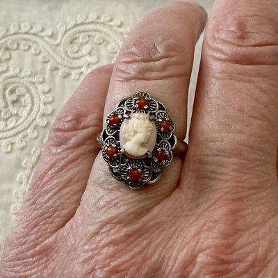 ANCIENNES BAGUE CAMEE CORAIL ROSE SCULPTÉ, Argent Massif, Corail Rouge - Photo 1/4