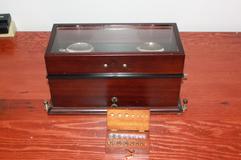 Antique Mahogany Analytical Balance Scale with Glass Case & Weight Set – Working