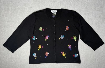 VTG Jack B.Quick Black Knit Cat Appliqué Jeweled Cardigan Sweater Size Large Y2K