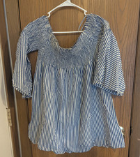 Zara Off Shoulder Shirred Striped Tunic/ Mini Dress Blue/White-Women's M