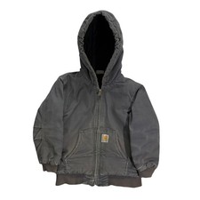Carhartt Jacket Youth Small 7/8 Charcoal Canvas Insulated Hooded Coat Distressed