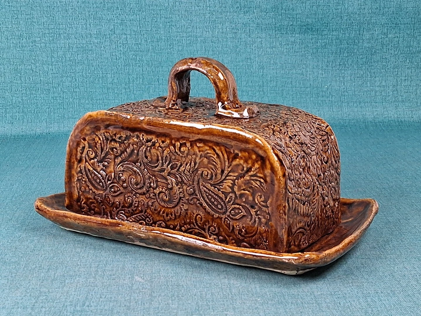 Handmade Brown Ceramic Butter Dish Featuring an Intricate Paisley 9"