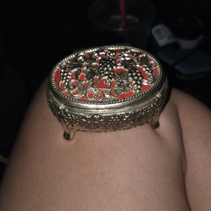 Ornate Metal Footed Trinket Box, Red Enamel Floral Lid Design