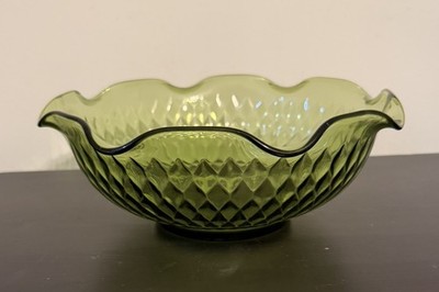 Vintage MCM Indiana Glass Avocado Green Diamond Point Ruffled Serving Bowl