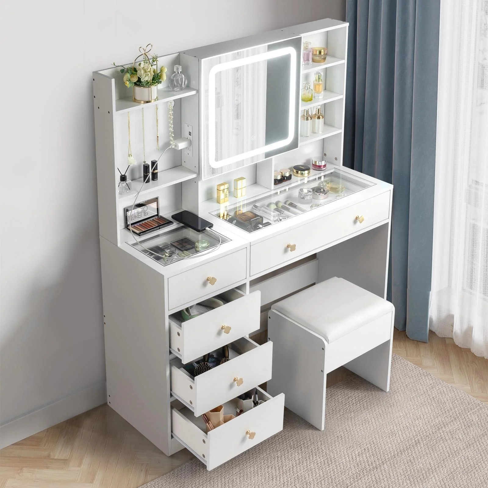 Vanity Set with Led Lights Makeup Desk Dressing Dresser Table W/Charging Station