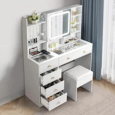 Vanity Set with Led Lights Makeup Desk Dressing Dresser Table W/Charging Station