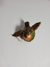 Christmas Bird Ornament Brown Gold Wings Holly Wreath Hanging Decor