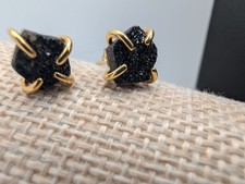 Handcrafted Raw Black Tourmaline Stud Earrings Gold Vermeil 925 Silver Druzy