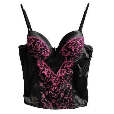 Just Sexy Y2K Corset Bustier Black Hot Pink Embroidered Size 36L Goth Grunge