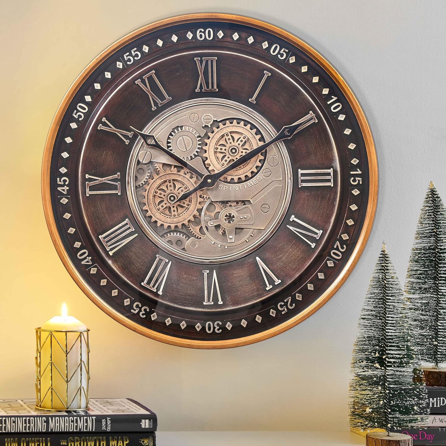 24 Inch Wall Clock with Moving Gears, Oversized Large Indust