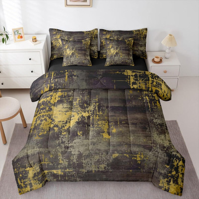 Modern Abstract Bed in a Bag King Comforter Set 7 Piece,Boho Yellow Grey Waterco