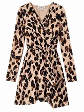 Leopard Print Wrap Dress Small Long Sleeve Tie Waist Lined