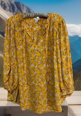 Carolina Belle Top 2X Silky Yellow Floral Fairycore Boho Babydoll Shirt Blouse