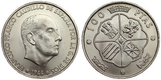 Spain 100 Pesetas 1966 (66) Francisco Franco Silver