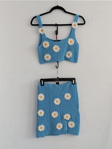 NWT House of Harlow Turquoise Crochet Daisy Two-Piece Skirt Crop Top Set Small
