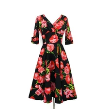 New Unique Vintage Black Red Tulip Swing Dress Womens XS Circle Skirt Floral