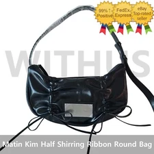 Matin Kim Half Shirring Ribbon Round Bag Black Women's Shoulder Bag - Tracking=