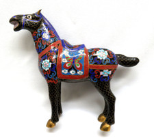 Vintage Chinese Cloisonne Enamel Horse Statue Figurine ~ 9" Tall   XLNT