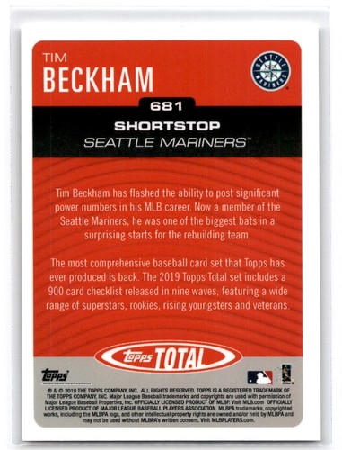 2019 Topps Total Tim Beckham Seattle Mariners #681 - Picture 2 of 2