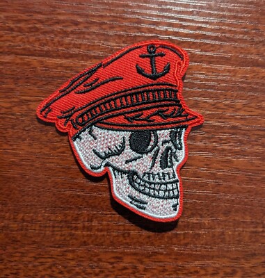 Red Skull in Sailor Cap Goth Punk Bones Embroidered Iron On Patch 2.75x2.5''
