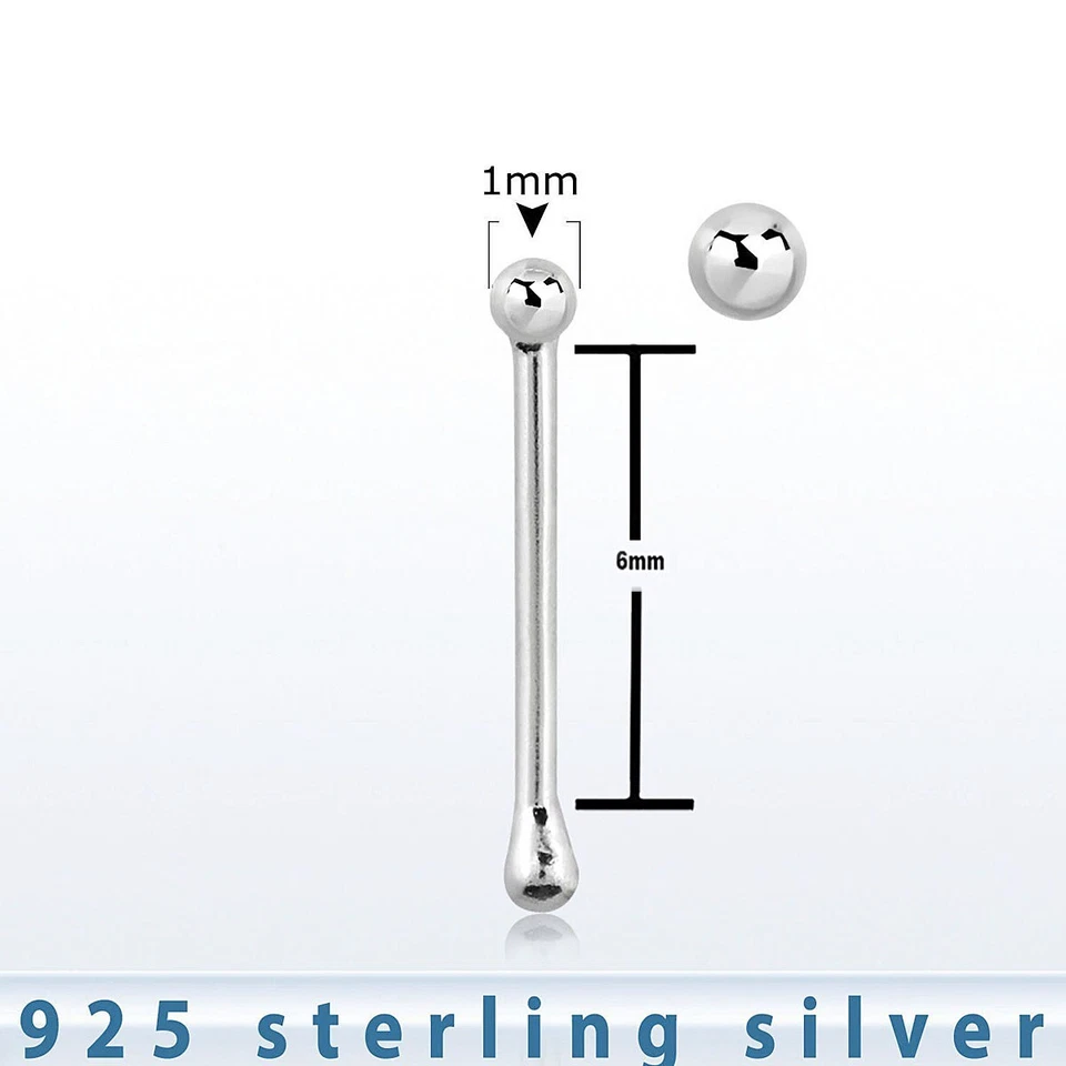 2 piezas. 22 g (0,6 mm) 1 mm bola superior .925 plata esterlina nariz hueso perno Foto 2 de 2