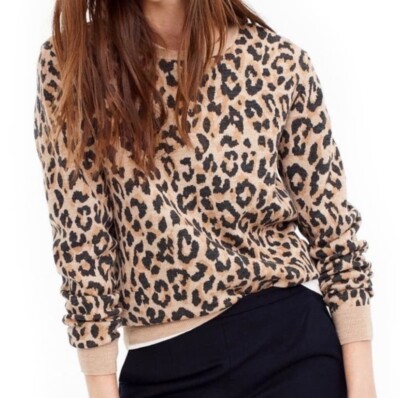 J Crew Sweater Women Small Leopard Cheetah 100% Merino Wool Crew Pullover 