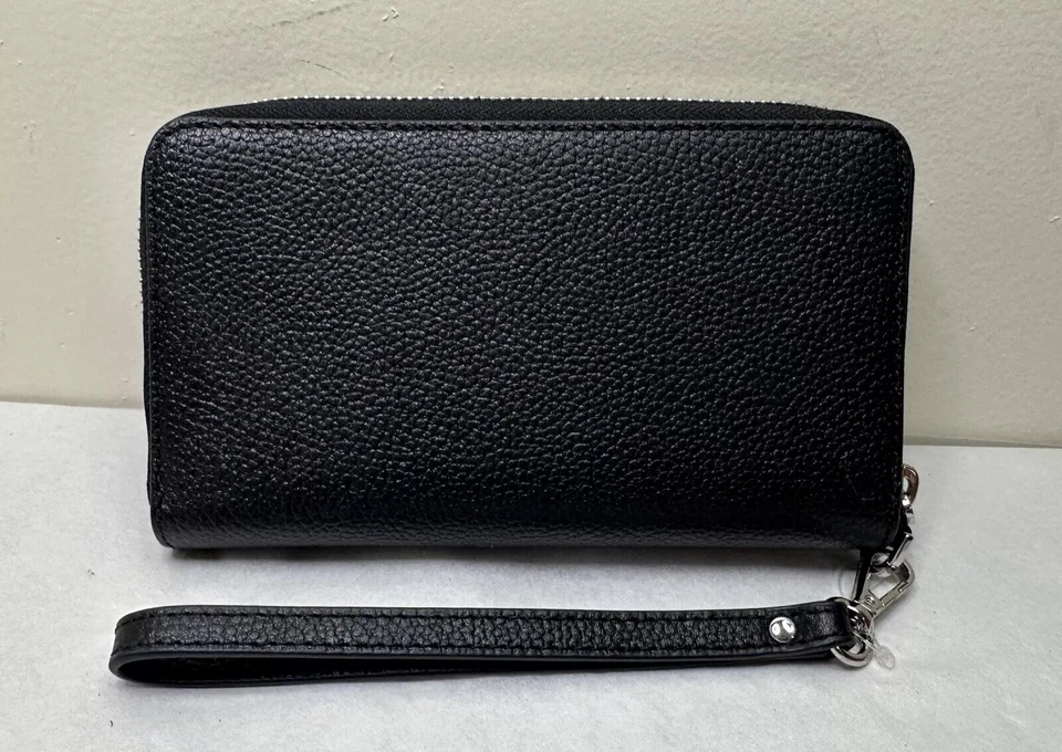 Michael Kors Jet Set Grande Plano Negro Plata Guijarro Cuero Estuche Teléfono Muñequera Foto 2 de 4