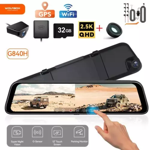 WOLFBOX 12'' G840H Mirror Dash Cam with WiFi, ACC Hardwire Kit, Polarizing Lens