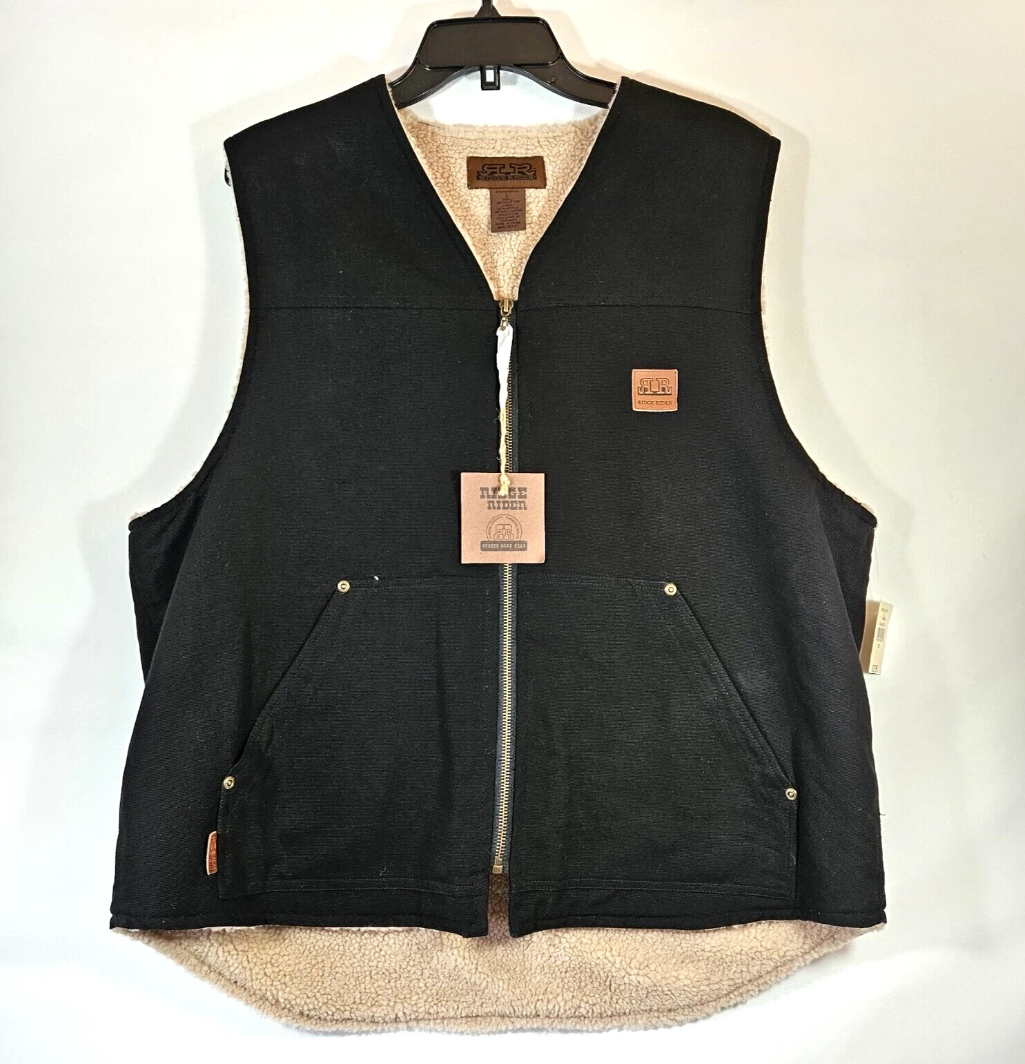 Ridge Rider Men’s Large Canvas Work Vest Black Sherpa Lined Zip Front NWT