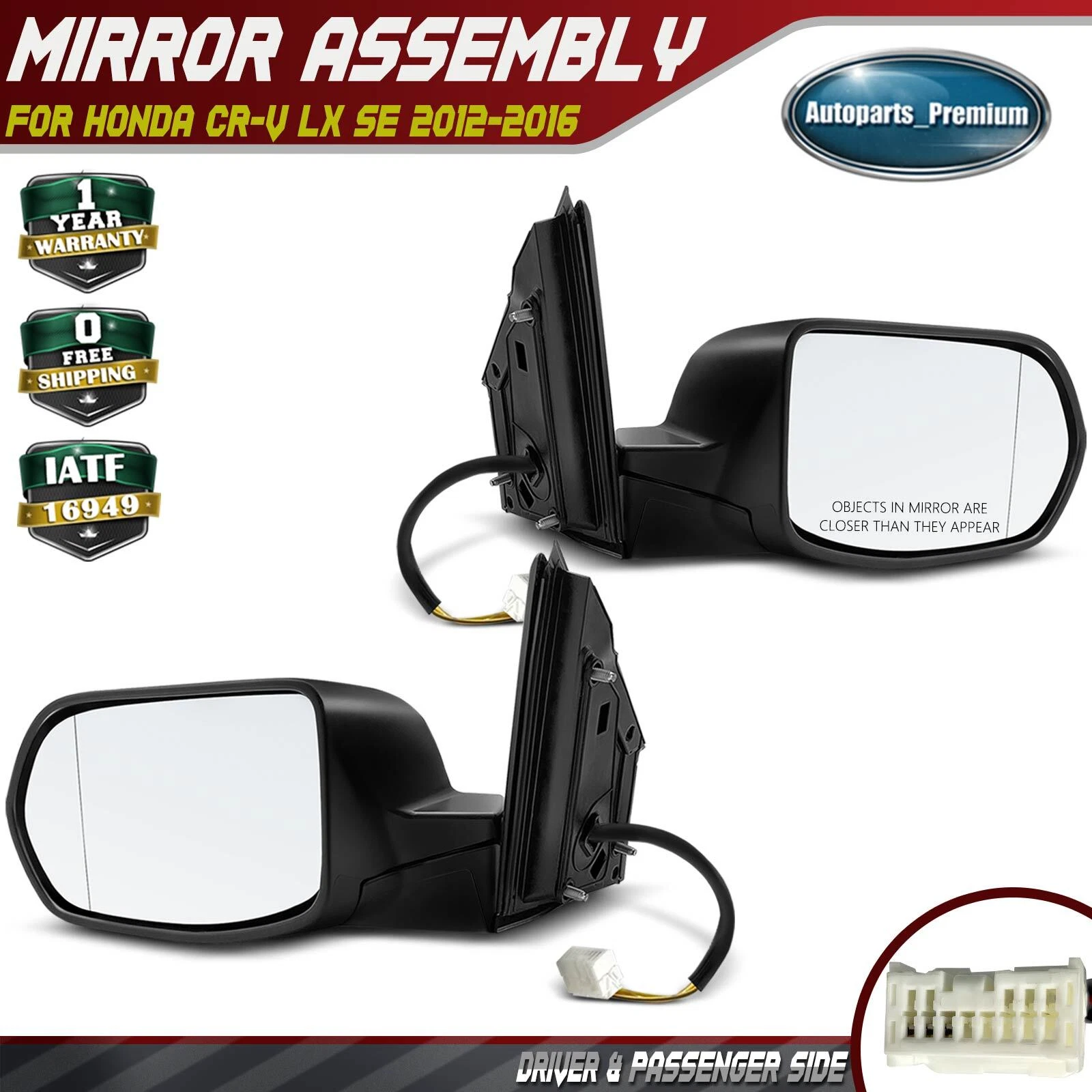 Pair Power Mirror with Manual Folding Textured Black for Honda CR-V 2012-2016