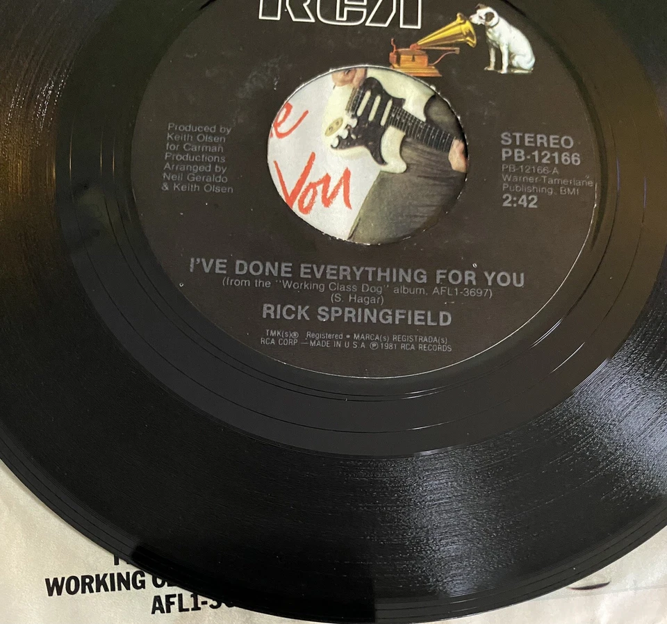 Rick Springfield I've Done Everything For You 45 rpm Record RCA PB-12166 NM/VG+ - Image 3 of 4