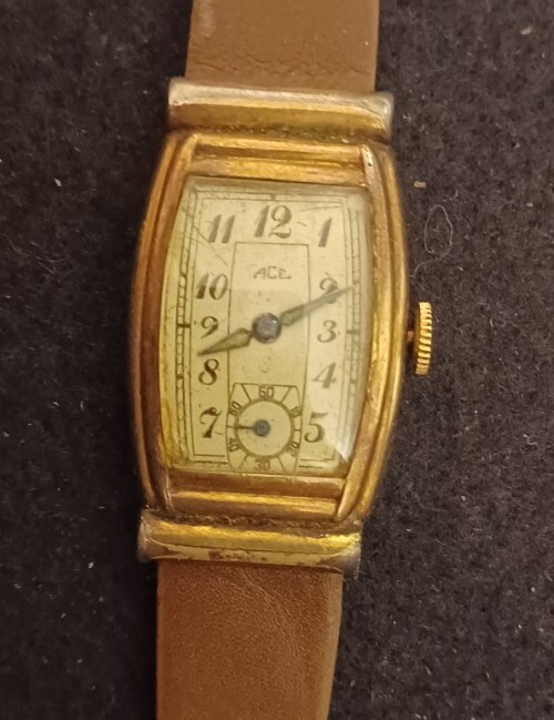 Art Deco Mens Watch ACE Lanco Tonneau Movement Rare 10krgp NOS Scandia calf band View 2