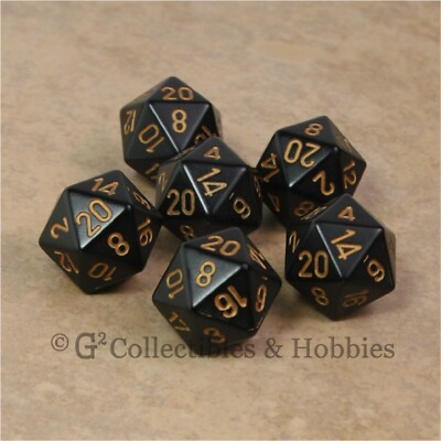 NEW Set of 6 Black with Gold Numbers D20 Dice Twenty Sided RPG D&D Game D20s