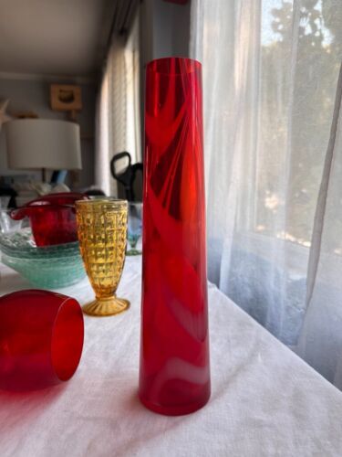 Vintage Hand Blown Art Glass Vase Red and White Swirl CYLINDER VASE 11.5" - Picture 3 of 15