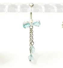 Belly Ring Bow w/Blue Gems and Crystals Dangle Naval Steel