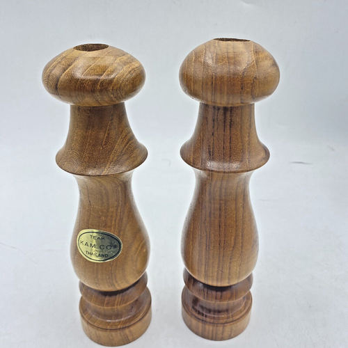 Vintage Kam Co Teak Wood Candle Holders Set Of 2 Pillar Taper Candles Thailand - Picture 3 of 9