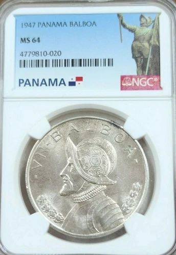 1947 PANAMA SILVER 1 BALBOA VASCO NUNEZ DE BALBOA NGC MS 64 BEAUTIFUL TONING