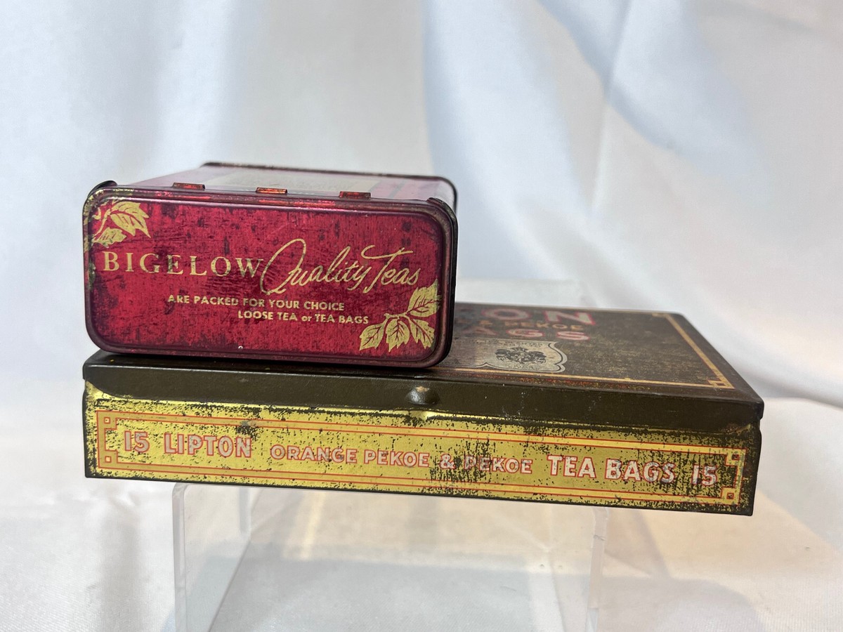 Vtg Lipton Tea Bags & Bigelow Trade Winds Tea Hinged Top Litho Tin