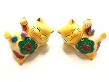 Feng Shui Yellow Maneki Neko Good Luck Fortune Money Cat Statue Set USA Seller