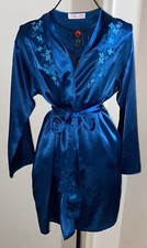 VTG Oscar de la Renta Pink Label Floral Royal Blue Satin Robe Women s Size Small