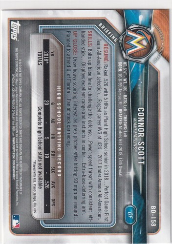 2018 BOWMAN 1ST RC CONNOR SCOTT MIAMI MARLINS FIRST ROOKIE (QTY) S4421 - Picture 2 of 2