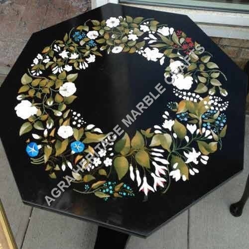 Black Octagon Marble Coffee Table Tops Gemstone Inlay Floral Arts Hallway Decors - Picture 1 of 8