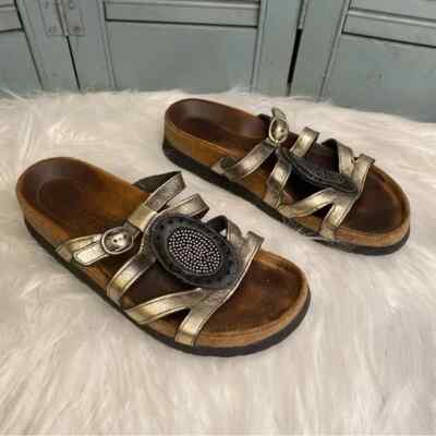 Naot Leather Cork Slip On Burnished Bronze Black Medallion Sandals Size 