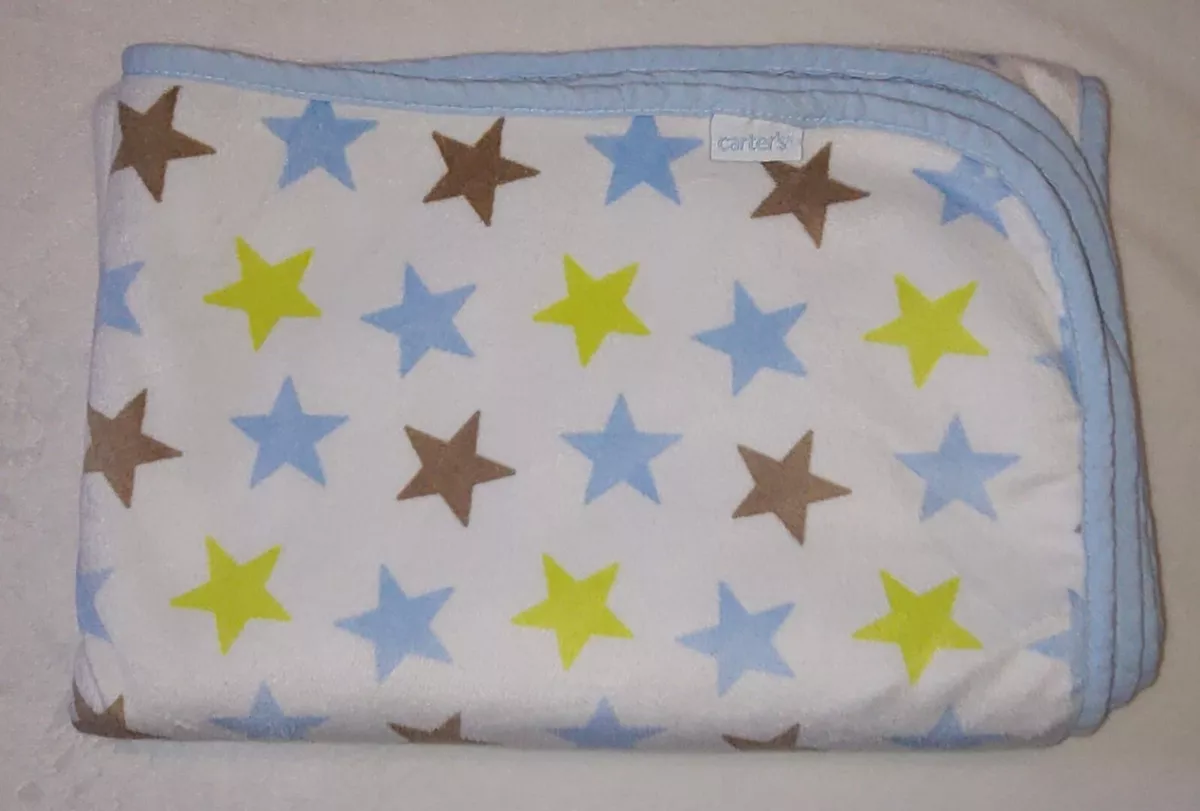 Carters Blue Sherpa Fleece Baby Blanket White Brown Green Stars eBay