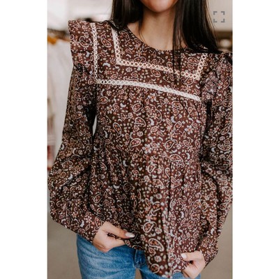 &MERCI Paisley Ruffled Blouse Romantic Earthy Boho Cottagecore Retro 70s Sz M
