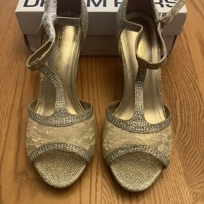 New In Box Dream Pairs Amore size 7 Gold Kitten Heels Open Toe T-strap