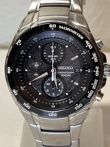 Vintage Seiko Quartz Chronograph Black Dial Tachymeter- NEW BATTERY & WORKING